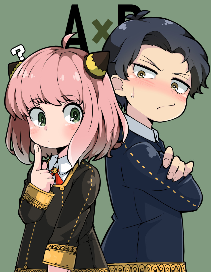 1boy, 1girl, ?, absurdres, ahoge, anya_(spy_x_family), bangs, black_hair