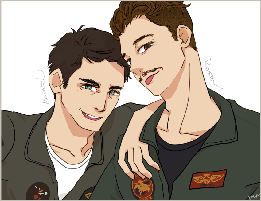 2boys, black_shirt, blue_eyes, bomber_jacket, bradley_"rooster"_bradshaw, brown_eyes, brown_hair, facial_hair