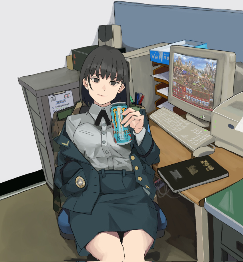 1girl, at_computer, black_eyes, black_hair, book, breasts, camouflage, can
