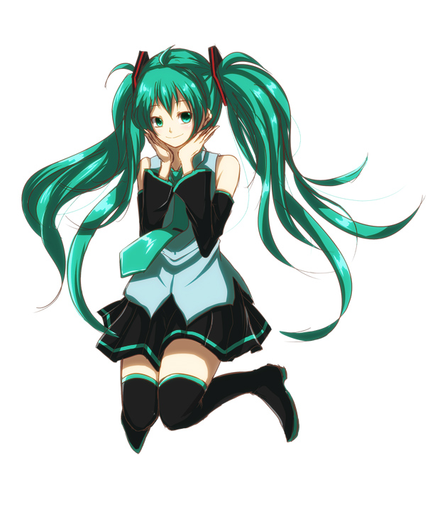 1girl, 39, :d, aqua_eyes, aqua_hair, aqua_nails, aqua_necktie, balloon, blue_eyes, boots, detached_sleeves, grey_shirt, grin, hatsune_miku, headphones, headset, heart, heart-shaped_pupils, heart_balloon, high_heels, interlocked_fingers, long_hair, looking_at_viewer, miraxth523, necktie, shirt, skirt, sleeveless, smile, solo, symbol-shaped_pupils, thigh-highs, thigh_boots, twintails, very_long_hair, vocaloid