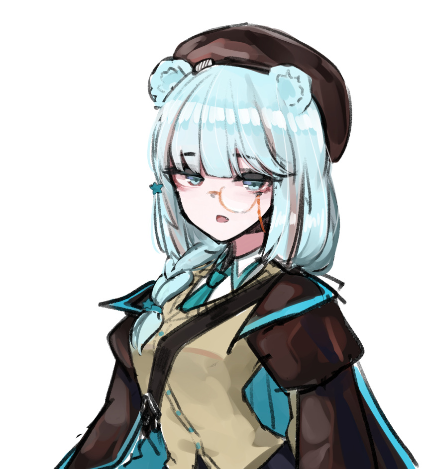 1girl, arknights, beret, blue_eyes, blue_hair, blue_necktie, brown_headwear, brown_jacket, brown_vest, collared_shirt, cyrillic, hair_ornament, hand_up, hat, highres, istina_(arknights), jacket, light_blue_hair, long_sleeves, looking_at_viewer, monocle, necktie, ohpe, school_uniform, shirt, solo, star_(symbol), star_hair_ornament, translated, upper_body, vest, white_shirt