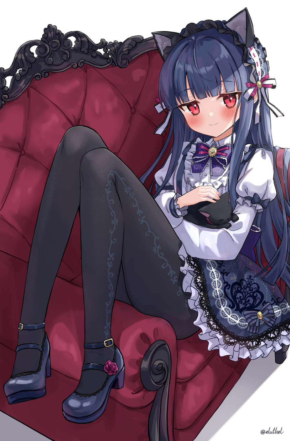 1girl, animal, animal_ears, bangs, black_cat, black_hair, blunt_bangs, blush