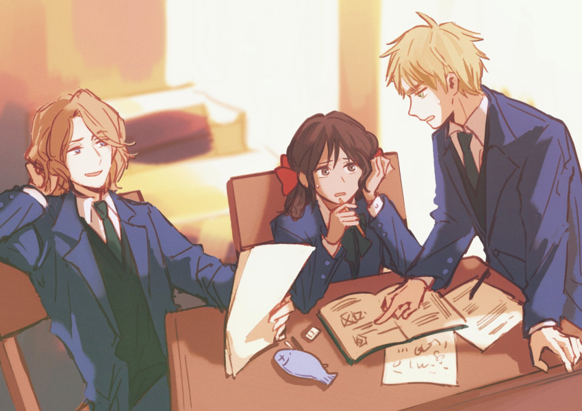 1girl, 2boys, arm_behind_back, axis_powers_hetalia, blazer, blonde_hair, blue_bow, blue_bowtie