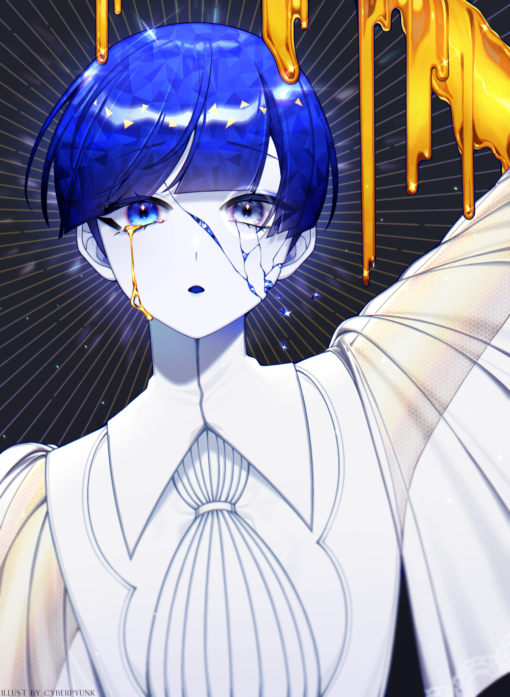 1other, androgynous, bangs, blue_hair, blunt_bangs, colored_eyelashes, colored_skin, cracked_skin, crying, cyberpyunk, expressionless, gold, golden_arms, heterochromia, highres, houseki_no_kuni, looking_at_viewer, melting, moon_uniform_(houseki_no_kuni), necktie, open_mouth, phosphophyllite, phosphophyllite_(ll), see-through, see-through_sleeves, shiny, short_hair, solo, very_short_hair, white_eyes, white_skin, wide_sleeves