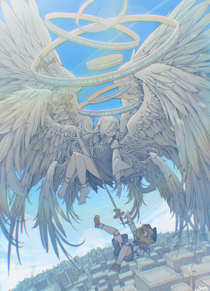 absurdres, alice_margatroid, alice_margatroid_(pc-98), angel_wings, anklet, blonde_hair, blue_bow, blue_dress