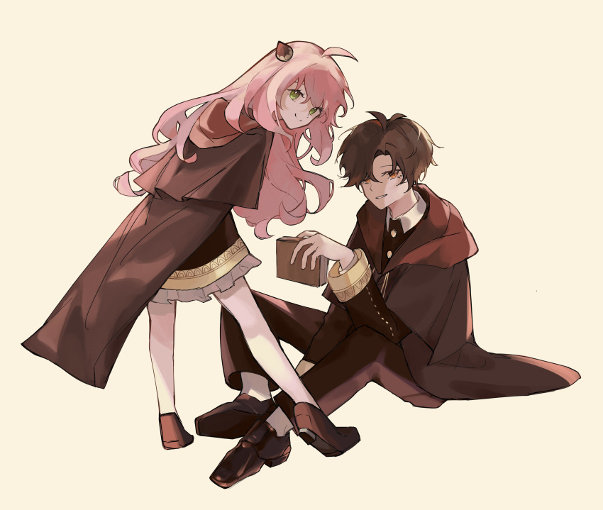 1boy, 1girl, absurdres, aged_up, ahoge, anya_(spy_x_family), bangs, black_hair, book, cape, closed_mouth, damian_desmond, eden_academy_uniform, envi_(crosscenturion), green_eyes, hairpods, highres, holding, holding_book, leaning_forward, long_hair, long_sleeves, pants, parted_bangs, parted_lips, pink_hair, school_uniform, shoes, simple_background, sitting, smile, spy_x_family, standing, white_background, yellow_eyes