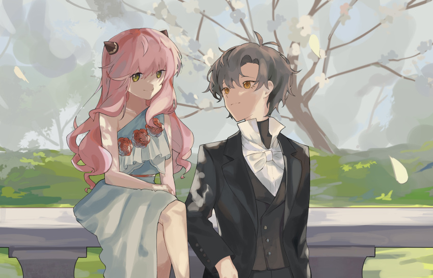 1boy, 1girl, absurdres, aged_up, anya_(spy_x_family), bangs, bare_shoulders, black_hair, closed_mouth, collared_shirt, damian_desmond, dress, envi_(crosscenturion), evening_gown, formal, green_eyes, hairpods, highres, leaning_back, long_hair, long_sleeves, looking_at_another, parted_bangs, pink_hair, popped_collar, shirt, sitting, spy_x_family, suit, suit_jacket, yellow_eyes