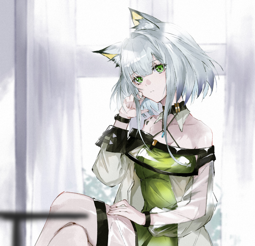 1girl, animal_ear_fluff, animal_ears, arknights, bad_anatomy, bangs, blurry, blurry_background, blurry_foreground, closed_mouth, collar, collarbone, crossed_legs, dress, green_dress, green_eyes, hair_between_eyes, hand_on_own_face, hand_on_own_thigh, head_tilt, highres, kal'tsit_(arknights), light_blush, long_sleeves, looking_at_viewer, lynx_ears, medium_hair, off-shoulder_dress, off_shoulder, oripathy_lesion_(arknights), s_4ik4, see-through, sitting, solo, watch, watch, white_hair, window