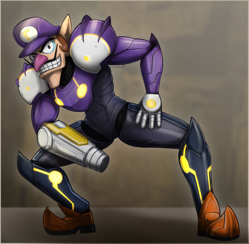 1boy, adapted_costume, arm_cannon, commentary, cosplay, english_commentary, facial_hair, full_body
