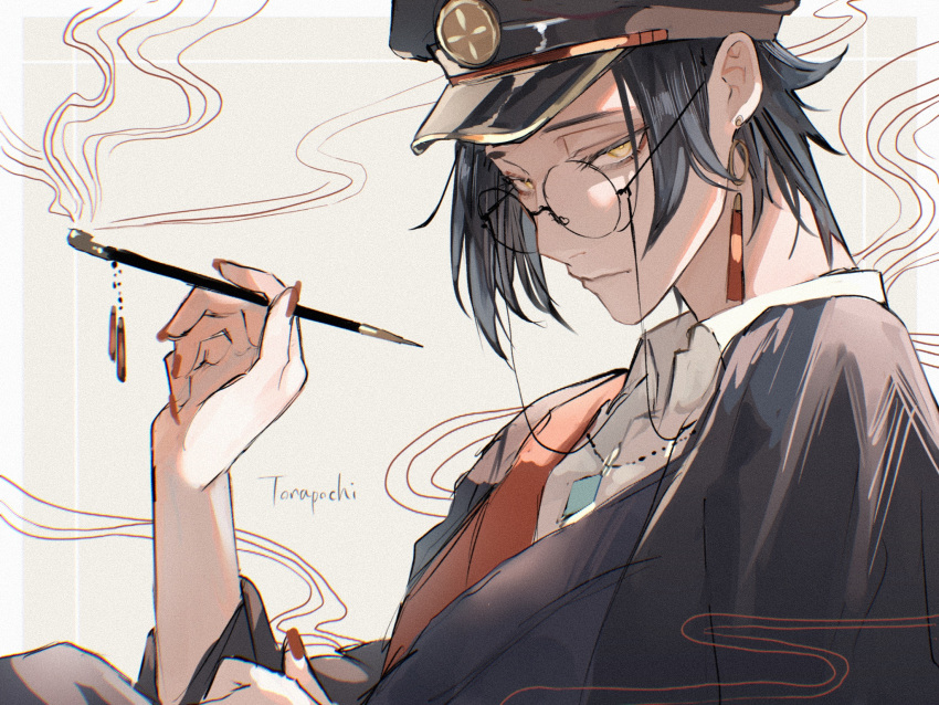 1boy, bishounen, earrings, eyewear_strap, glasses, highres, holding, holding_smoking_pipe