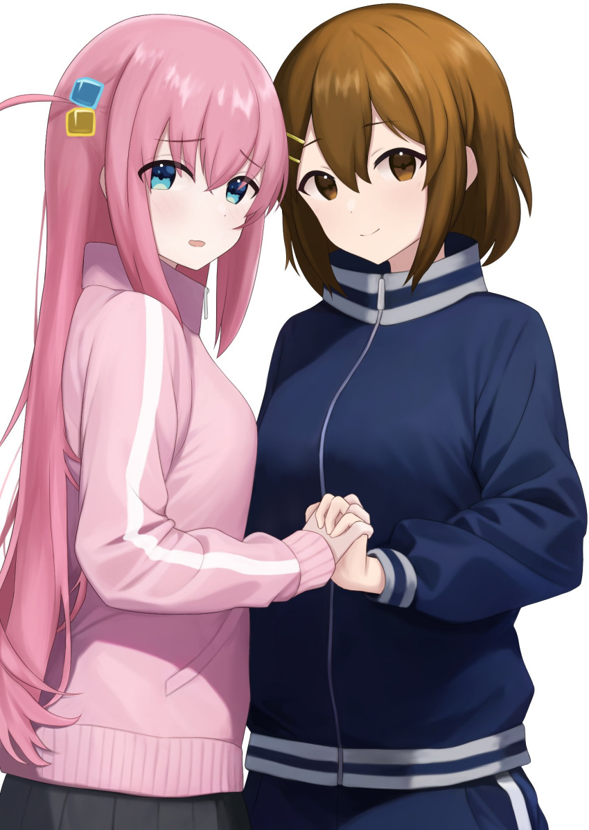 2girls, black_skirt, blue_eyes, blue_jacket, bocchi_the_rock!, brown_eyes, brown_hair, closed_mouth