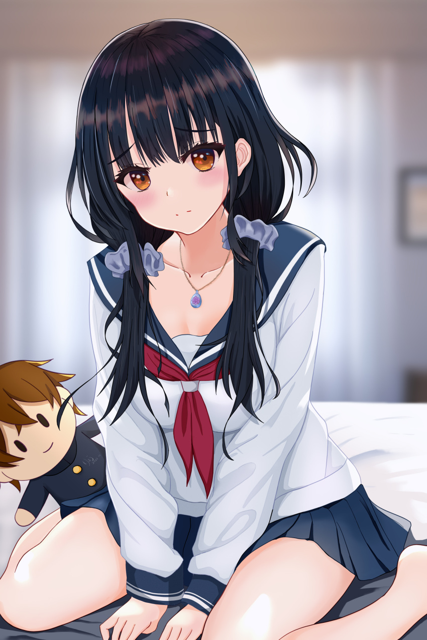 1boy, 1girl, absurdres, bangs, bed, black_hair, black_pants, blue_sailor_collar