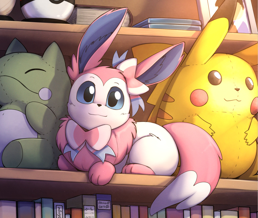 book, bookshelf, character_doll, highres, no_humans, otakuap, photo_(object), pikachu
