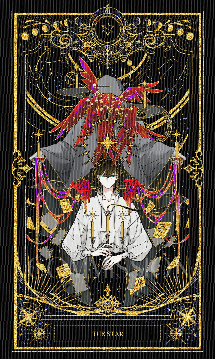 absurdres, angel, bangs, biblically_correct_angel, black_hair, black_pants, blood, candelabra