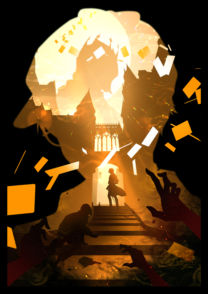 2boys, 4others, building, cane, card, castle, chinese_commentary, commentary_request
