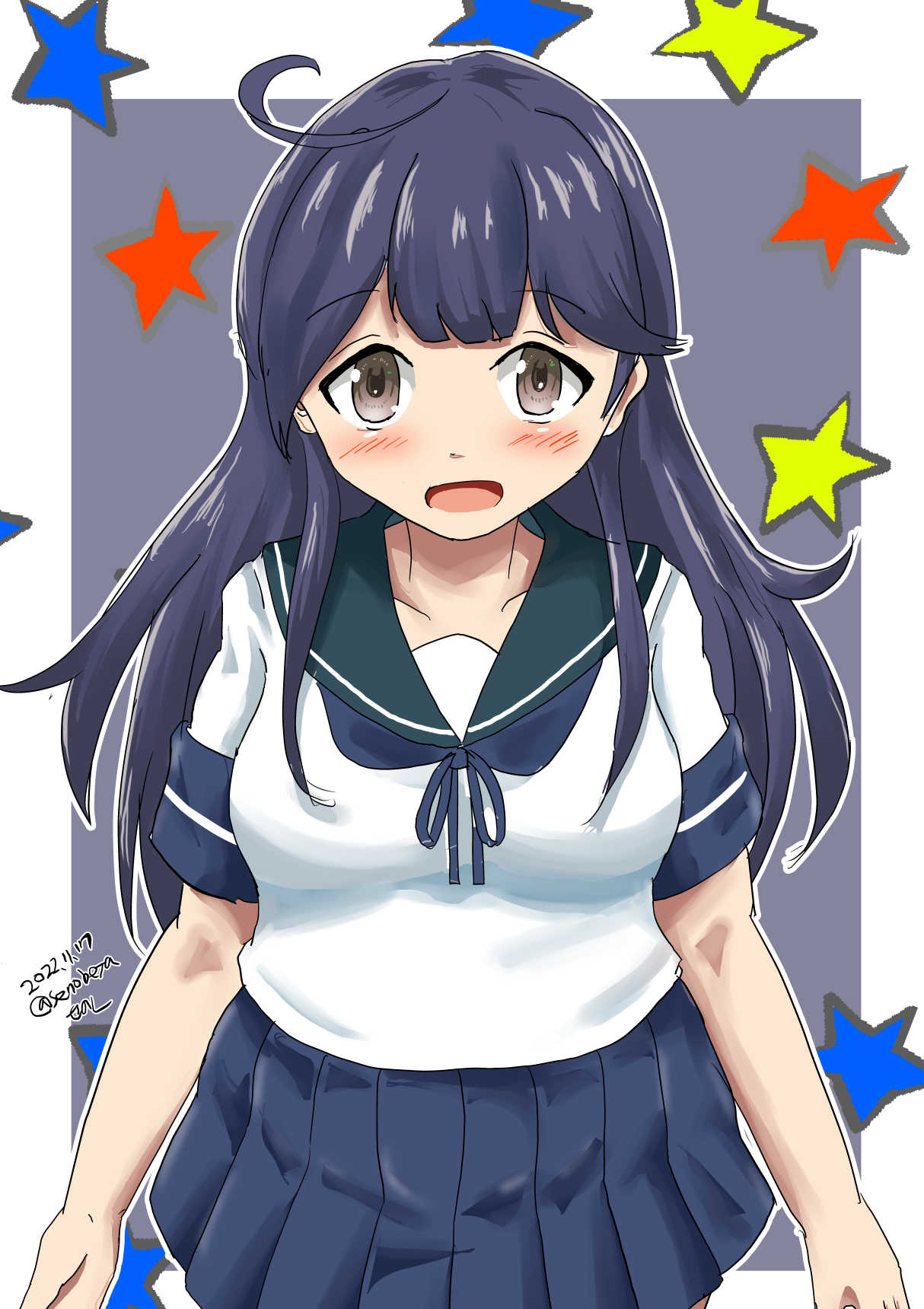 1girl, ahoge, black_hair, blue_background, blue_skirt, breasts, brown_eyes, collarbone