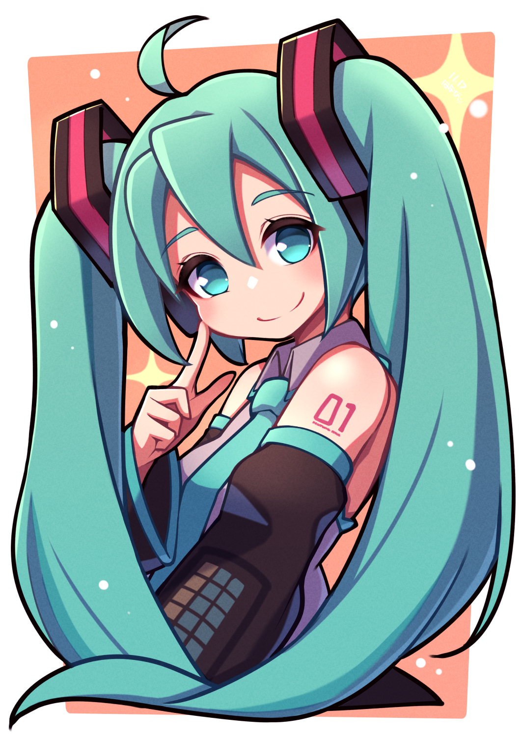 1girl, aqua_eyes, aqua_hair, bangs, bare_shoulders, black_skirt, black_sleeves, blue_necktie