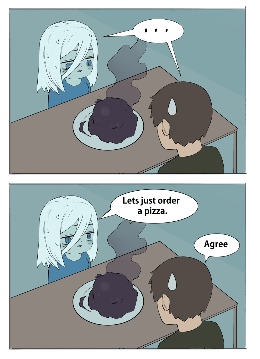 ..., 1boy, 1girl, absurdres, bad_food, blue_eyes, blue_shirt, boonie_baby