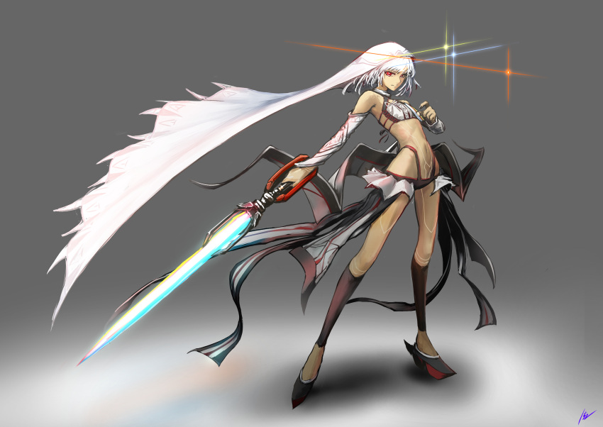 152_in_can, 1girl, absurdres, altera_(fate), black_nails, dark-skinned_female, dark_skin, detached_sleeves, fate/grand_order, fate_(series), full-body_tattoo, full_body, highres, holding, holding_sword, holding_weapon, navel, photon_ray_(fate), red_eyes, short_hair, solo, standing, sword, tattoo, weapon, white_bandeau, white_hair, white_sleeves, white_veil