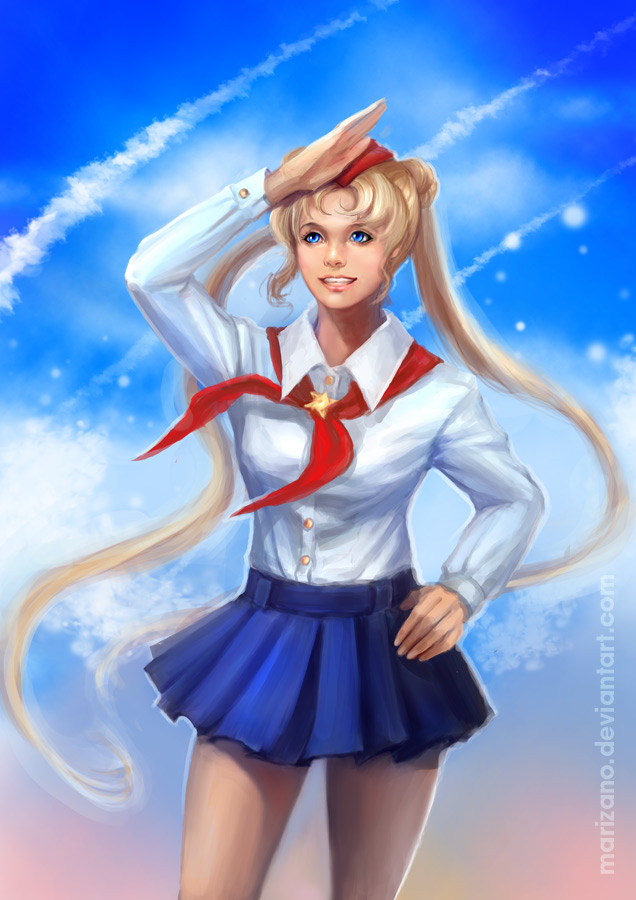 1girl, bangs, bishoujo_senshi_sailor_moon, blonde_hair, blue_eyes, blue_skirt, blue_sky, clouds