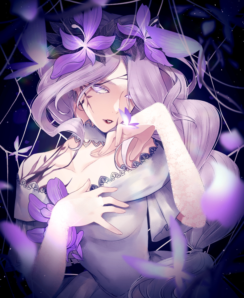 1girl, bangs, blurry, body_markings, braid, bridal_gauntlets, bug, butterfly