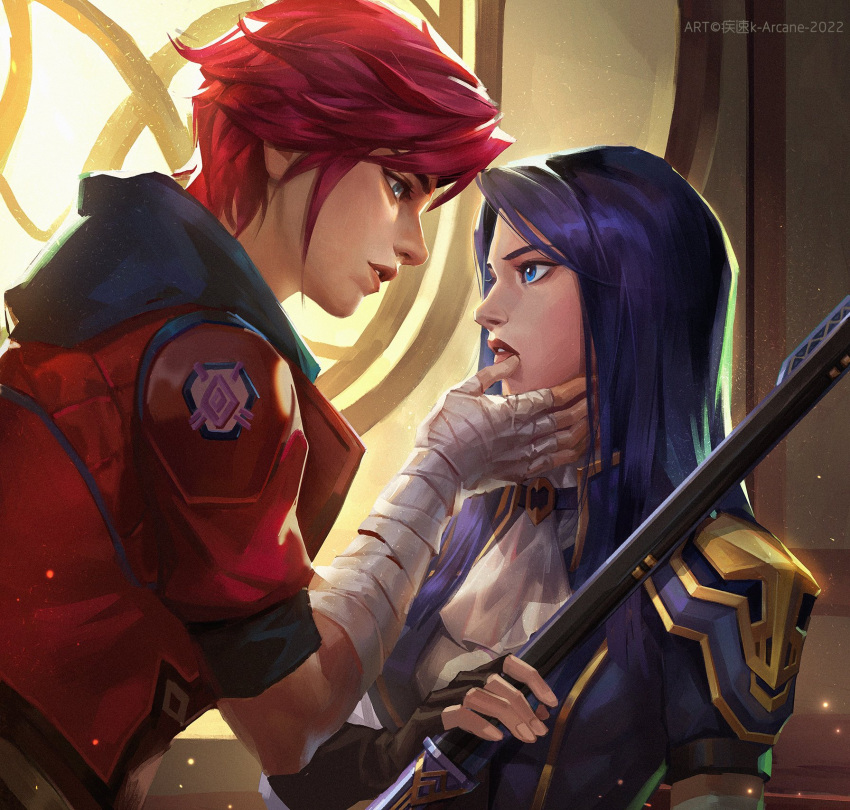 2girls, arcane:_league_of_legends, arcane_caitlyn, arcane_vi, bandaged_arm, bandages, blue_eyes, blue_hair