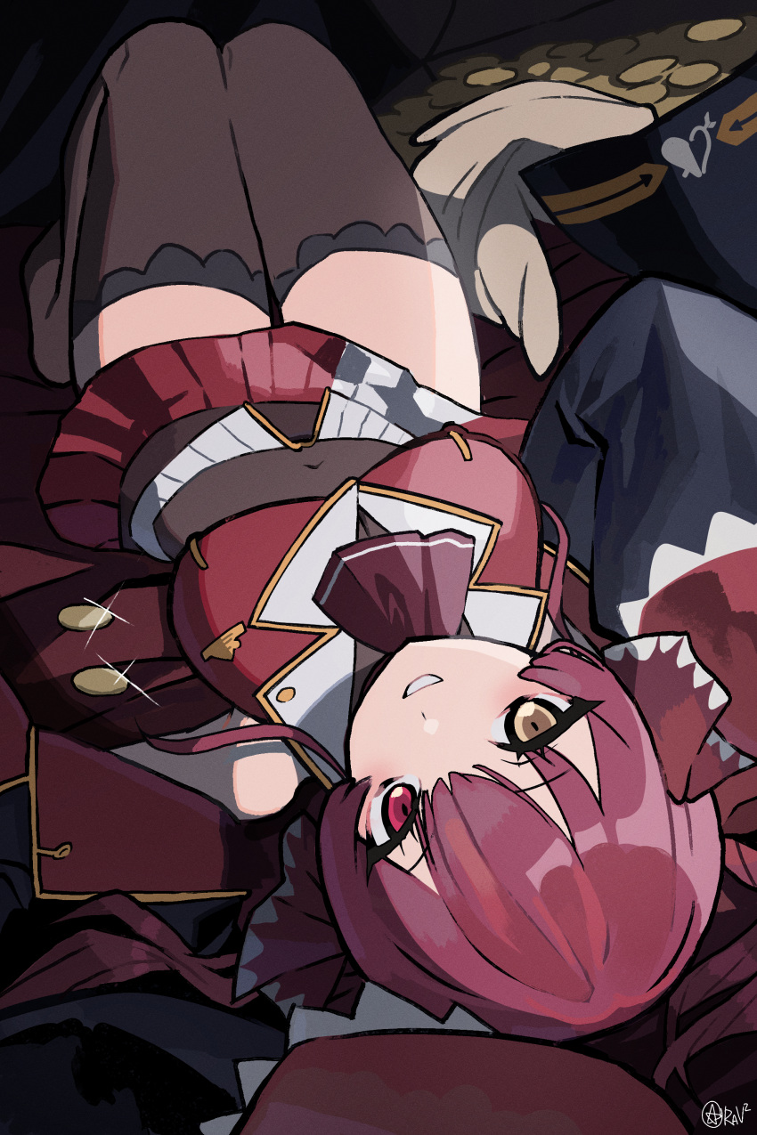122pxsheol, 1girl, absurdres, black_thighhighs, breasts, coin, grin, heterochromia