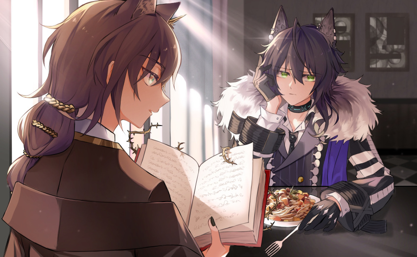 1boy, 1girl, absurdres, animal_ear_fluff, animal_ears, arknights, bangs, black_hair, black_jacket, black_necktie, book, brown_eyes, brown_hair, brown_jacket, closed_mouth, collared_shirt, commentary_request, curtains, day, food, food_request, fork, fur-trimmed_jacket, fur_trim, green_eyes, hair_between_eyes, highres, holding, holding_book, indoors, jacket, long_hair, long_sleeves, low_ponytail, necktie, open_book, parted_lips, pasta, penance_(arknights), plate, ponytail, profile, qingguomdashmochamdashcattouxiangkong, shirt, sunlight, table, vigil_(arknights), white_shirt