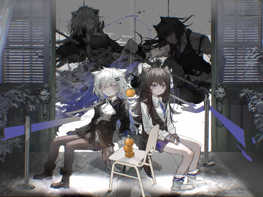 2girls, abulb, aged_down, arknights, bangs, black_hair, black_jacket, black_skirt, black_vest, blue_ribbon, blue_shorts, boots, brown_pantyhose, chair, collared_shirt, commentary_request, food, fruit, grey_eyes, hair_between_eyes, hair_ornament, hairclip, highres, jacket, lappland_(arknights), long_hair, mandarin_orange, multiple_girls, neck_ribbon, pantyhose, pleated_skirt, procreate_(medium), ribbon, shirt, short_shorts, shorts, sitting, skirt, texas_(arknights), texas_the_omertosa_(arknights), very_long_hair, vest, white_footwear, white_hair, white_shirt