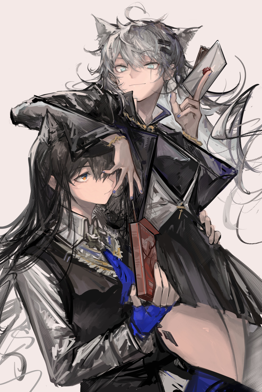 2girls, absurdres, animal_ear_fluff, animal_ears, arknights, arm_on_head, bangs, black_hair