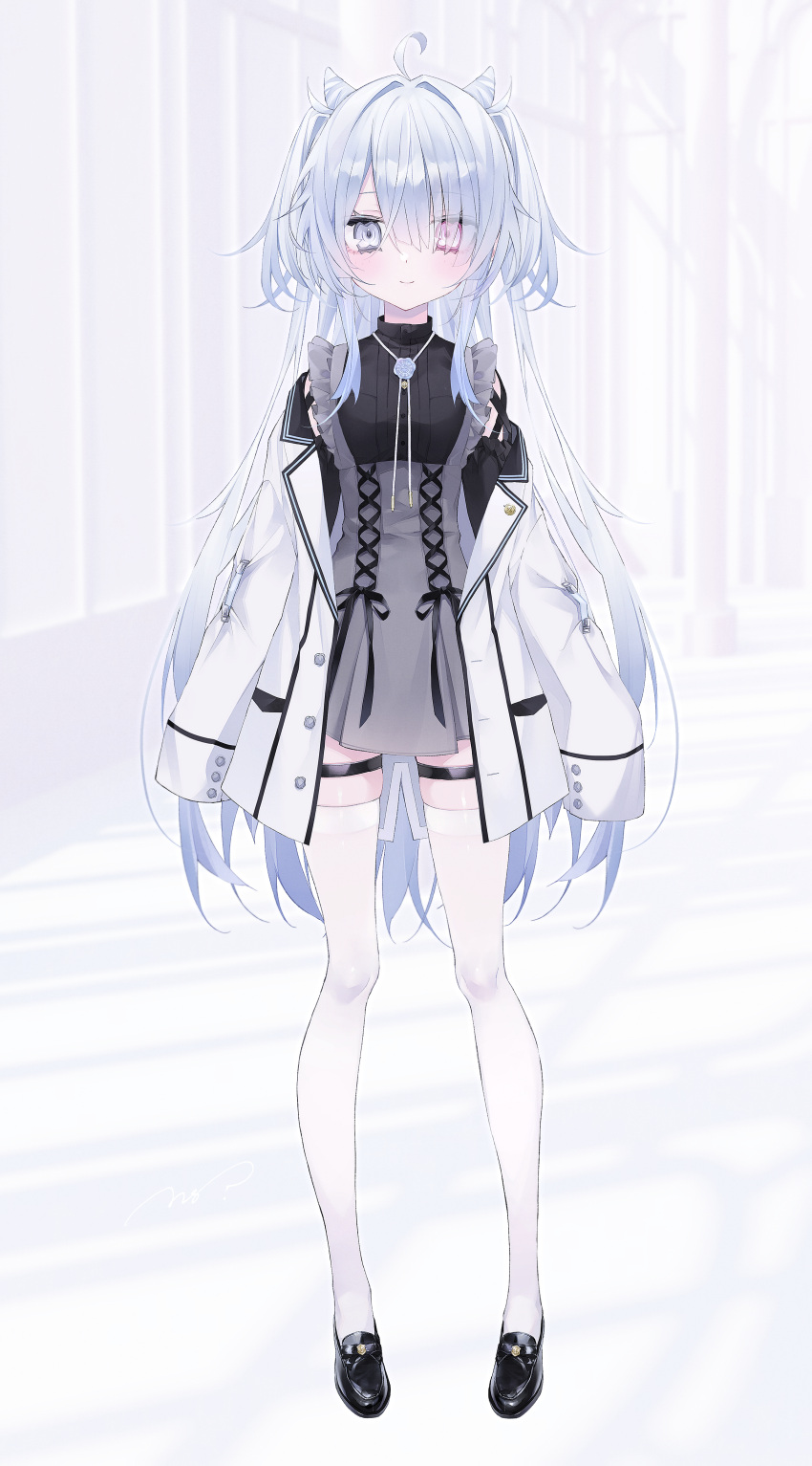 1girl, absurdres, ahoge, black_dress, black_footwear, blue_hair, dress, full_body