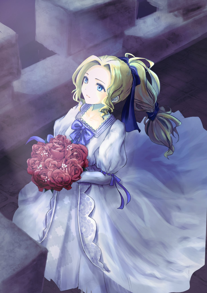 1girl, asami2692, blonde_hair, blue_eyes, bouquet, celes_chere, dress, final_fantasy, final_fantasy_vi, gown, high_ponytail, highres, holding, holding_bouquet, long_hair, multi-tied_hair, official_alternate_costume, solo, solo_focus, white_dress