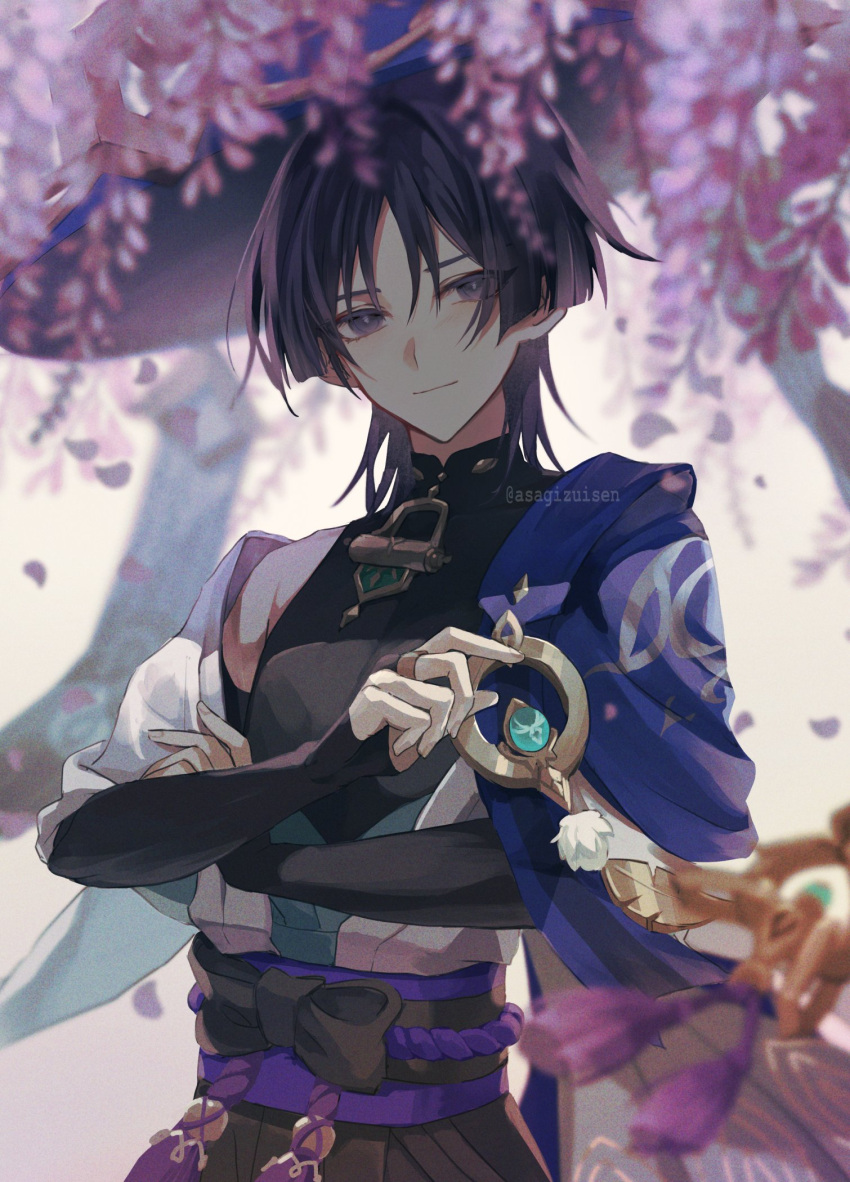 1boy, arm_armor, artist_name, asagizuisen, bangs, bare_shoulders, belt, black_belt