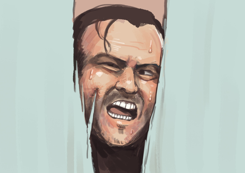 1boy, absurdres, brown_hair, chanta_(ayatakaoisii), here's_johnny!_(meme), highres, jack_torrance, male_focus, meme, open_mouth, realistic, solo, teeth, the_shining