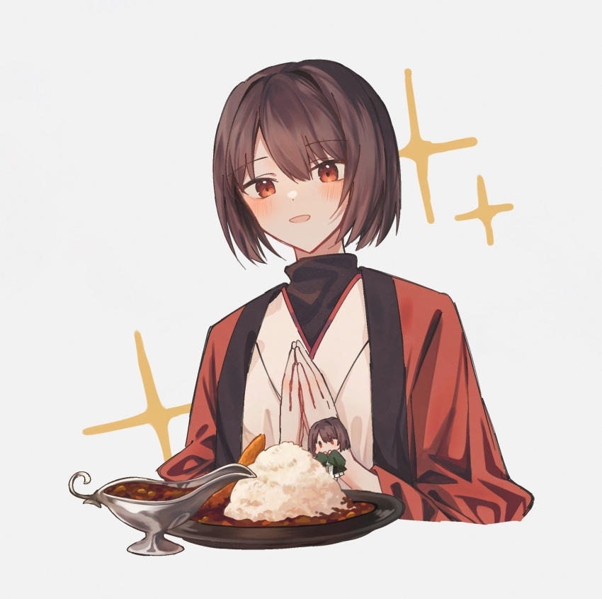 2girls, bangs, brown_hair, curry, curry_rice, delta_(063k1z5shio), fairy_(kancolle), food