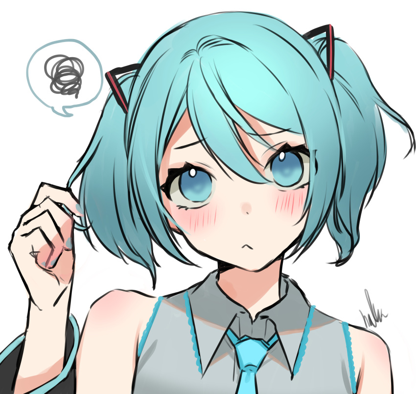 1girl, absurdres, aqua_eyes, aqua_hair, aqua_nails, aqua_necktie, bangs, bare_shoulders, black_sleeves, blue_hair, blush, closed_mouth, collared_shirt, commentary_request, detached_sleeves, embarrassed, gradient_hair, green_hair, hair_between_eyes, hair_ornament, halha_20, hand_in_own_hair, hatsune_miku, highres, looking_at_viewer, looking_up, medium_hair, multicolored_hair, nail_polish, necktie, parted_bangs, playing_with_own_hair, pleated_shirt, shiny, shiny_hair, shirt, sidelocks, signature, simple_background, sleeveless, sleeveless_shirt, solo, speech_bubble, twintails, vocaloid, white_background, white_shirt, wide_sleeves