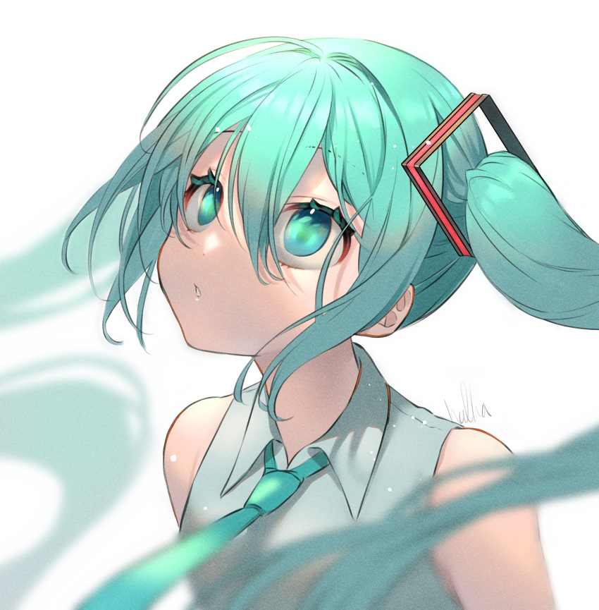 1girl, absurdres, ahoge, aqua_eyes, aqua_hair, aqua_necktie, bangs, bare_shoulders