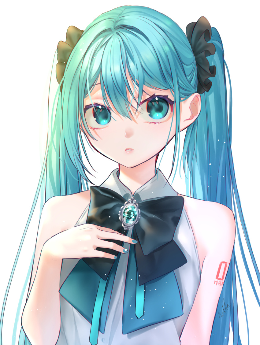 1girl, absurdres, aqua_bow, aqua_bowtie, aqua_eyes, aqua_hair, aqua_nails, arm_tattoo