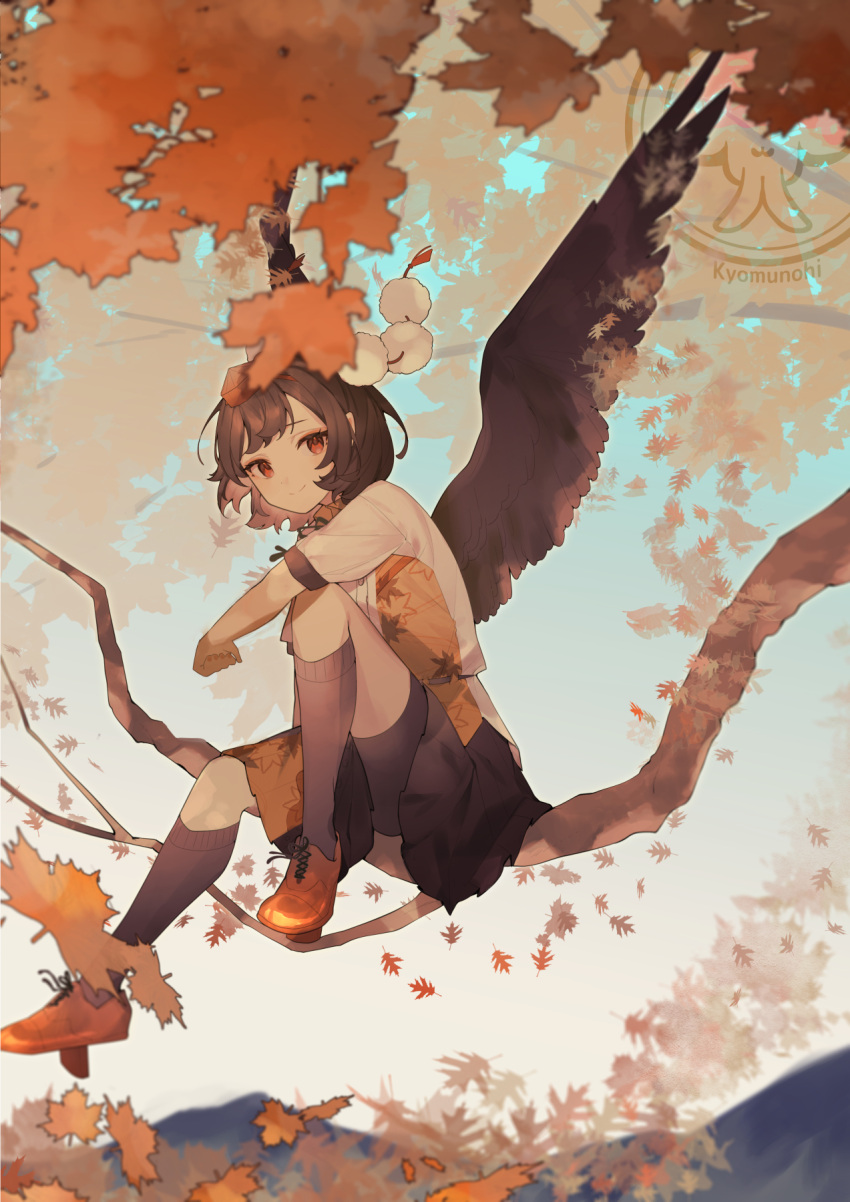 1girl, artist_logo, bird_wings, black_hair, black_skirt, black_socks, black_wings, closed_mouth