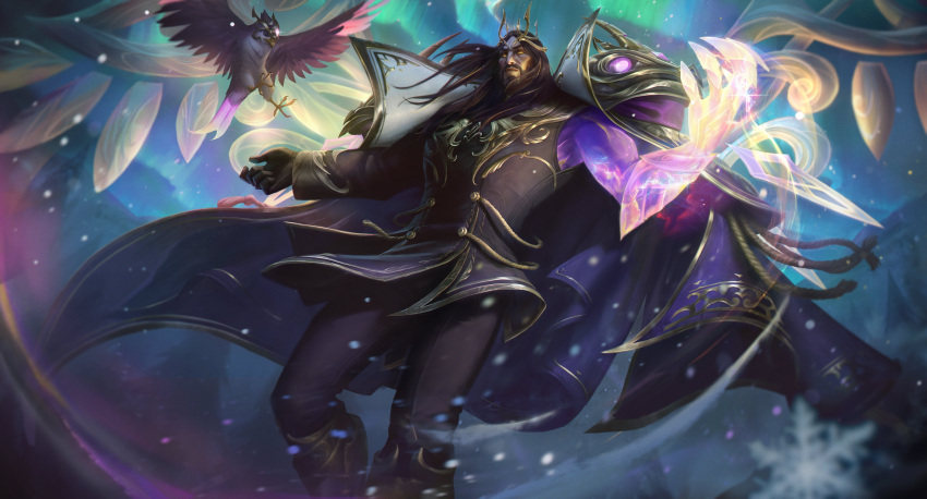 1boy, absurdres, animal, bangs, beard, beatrice_(league_of_legends), bird, black_gloves, black_hair, black_jacket, black_pants, cape, facial_hair, feet_out_of_frame, gloves, glowing, glowing_arm, highres, jacket, league_of_legends, long_hair, long_sleeves, male_focus, official_alternate_costume, official_art, pants, parted_bangs, purple_cape, single_glove, snow, snowing, solo, swain_(league_of_legends), tree, winterblessed_swain