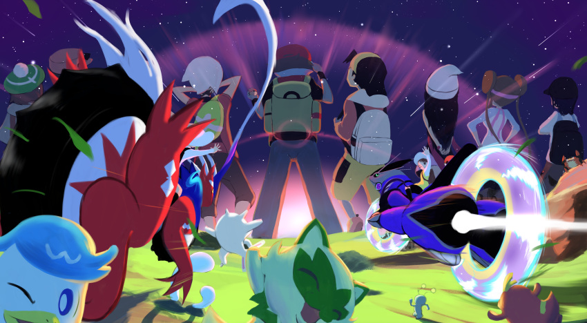 4girls, 5boys, absurdres, arm_up, backpack, backwards_hat, bag, baseball_cap, beanie, black_bag, brendan_(pokemon), brown_hair, calem_(pokemon), closed_mouth, commentary_request, double_bun, elio_(pokemon), ethan_(pokemon), from_behind, fuecoco, gimmighoul, gloria_(pokemon), grass, green_headwear, hair_bun, hat, highres, hikari_(pokemon), jacket, juliana_(pokemon), koraidon, kujira_maru, long_hair, long_sleeves, miraidon, multiple_boys, multiple_girls, night, outdoors, pants, pokemon, pokemon_(creature), pokemon_(game), pokemon_bw2, pokemon_dppt, pokemon_frlg, pokemon_gsc, pokemon_oras, pokemon_sm, pokemon_sv, pokemon_swsh, pokemon_xy, quaxly, red_(pokemon), riding, riding_pokemon, rosa_(pokemon), shooting_star, short_sleeves, sky, smile, sprigatito, standing, star_(sky), twintails, white_bag, white_headwear, yellow_bag