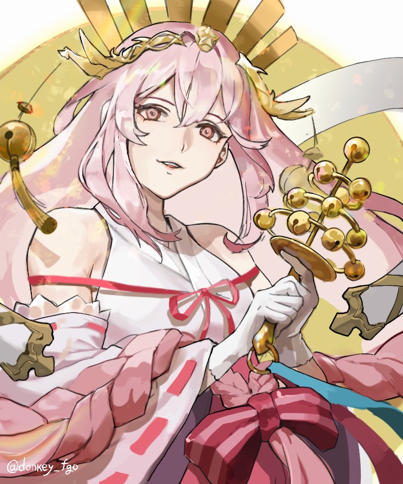 1girl, alchemy_stars, bell, bow, braid, circlet, commentary_request, detached_sleeves