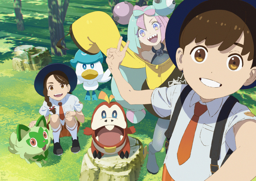 1boy, 2girls, absurdres, bangs, blue_headwear, braid, breast_pocket, brown_eyes
