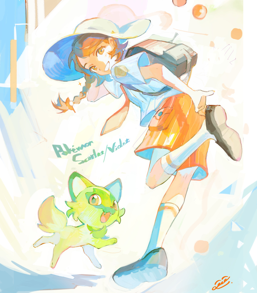 1girl, absurdres, backpack, bag, bio_l_oid, braid, brown_hair, commentary_request, copyright_name, floating_hair, full_body, grin, hat, highres, juliana_(pokemon), leg_up, looking_at_viewer, necktie, orange_necktie, orange_shorts, pokemon, pokemon_(creature), pokemon_(game), pokemon_sv, shirt, shoes, short_sleeves, shorts, signature, smile, socks, sprigatito, white_headwear, white_socks