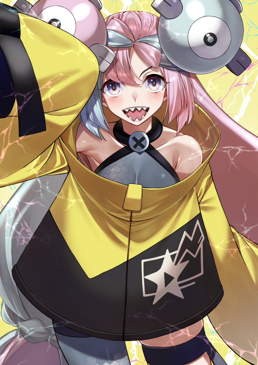 absurdres, bow-shaped_hair, character_hair_ornament, grey_pantyhose, hair_ornament, hexagon_print, highres, iono_(pokemon)