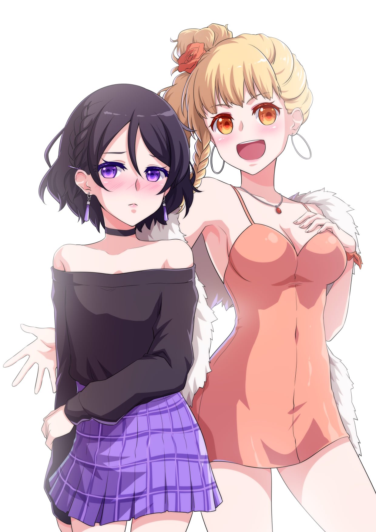 2girls, bare_shoulders, black_hair, black_shirt, black_sweater, blonde_hair, blush, braid