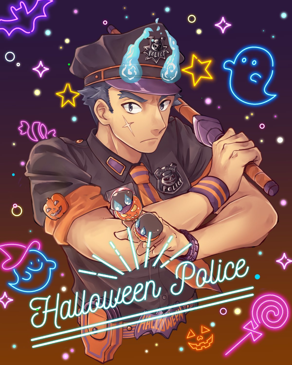 1boy, bat_(animal), baton_(weapon), blue_fire, blue_hair, candy, closed_mouth, commentary_request
