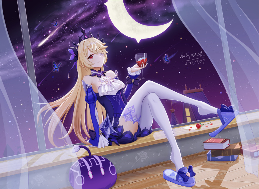 1girl, alcohol, arm_support, ass, bangs, blonde_hair, book, book_stack, comet, commentary_request, crescent, crossed_legs, cup, curtains, detached_sleeves, drinking_glass, fischl_(ein_immernachtstraum)_(genshin_impact), fischl_(genshin_impact), genshin_impact, hair_over_one_eye, hair_ribbon, highres, holding, holding_cup, holy_guagua, long_hair, long_sleeves, looking_at_viewer, night, night_sky, official_alternate_costume, red_eyes, ribbon, sidelocks, sitting, sky, slime_(genshin_impact), smile, star_(sky), starry_sky, thigh-highs, tiara, white_thighhighs, window, wine, wine_glass, zettai_ryouiki