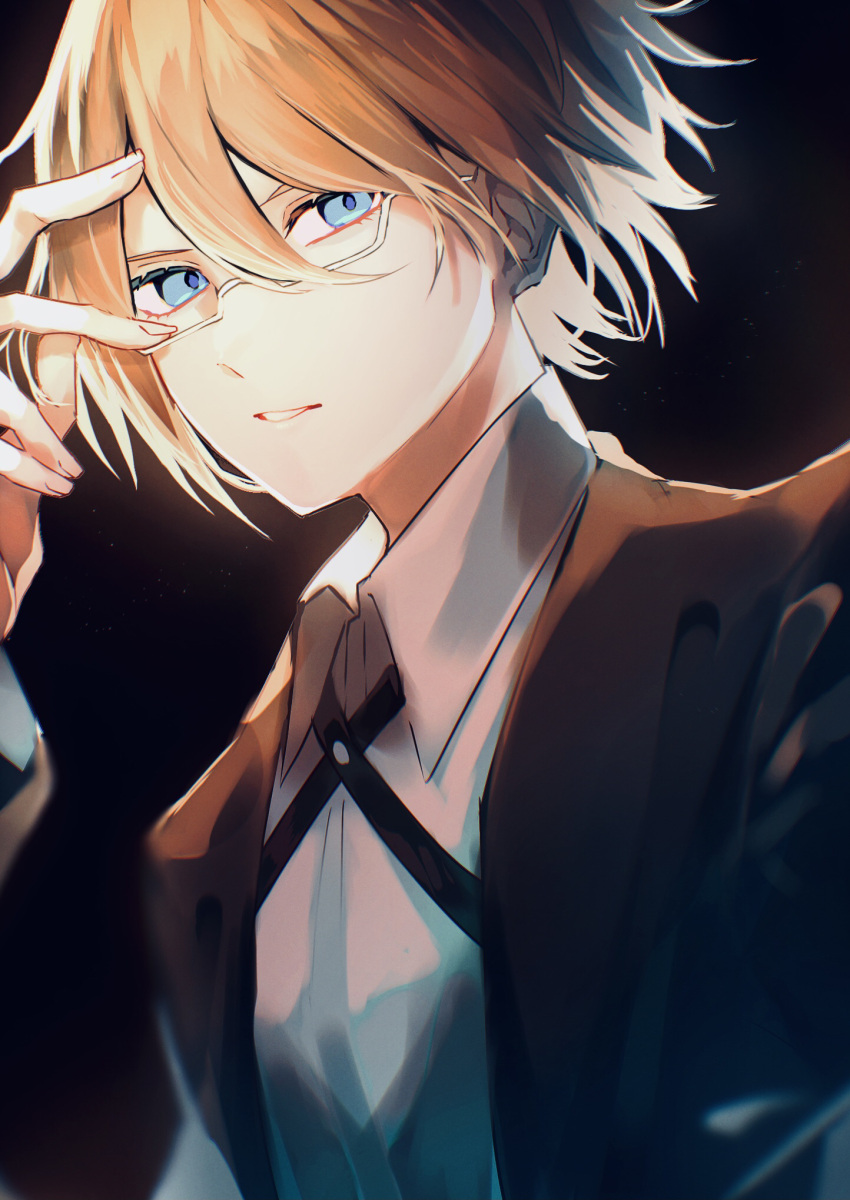 1boy, ayacho_mato, bangs, black_jacket, blonde_hair, blue_eyes, collared_shirt, danganronpa:_trigger_happy_havoc, danganronpa_(series), glasses, gradient, gradient_background, hair_between_eyes, hand_up, highres, jacket, male_focus, open_clothes, open_jacket, parted_lips, semi-rimless_eyewear, shiny, shiny_hair, shirt, short_hair, solo, teeth, togami_byakuya, upper_body, white_shirt