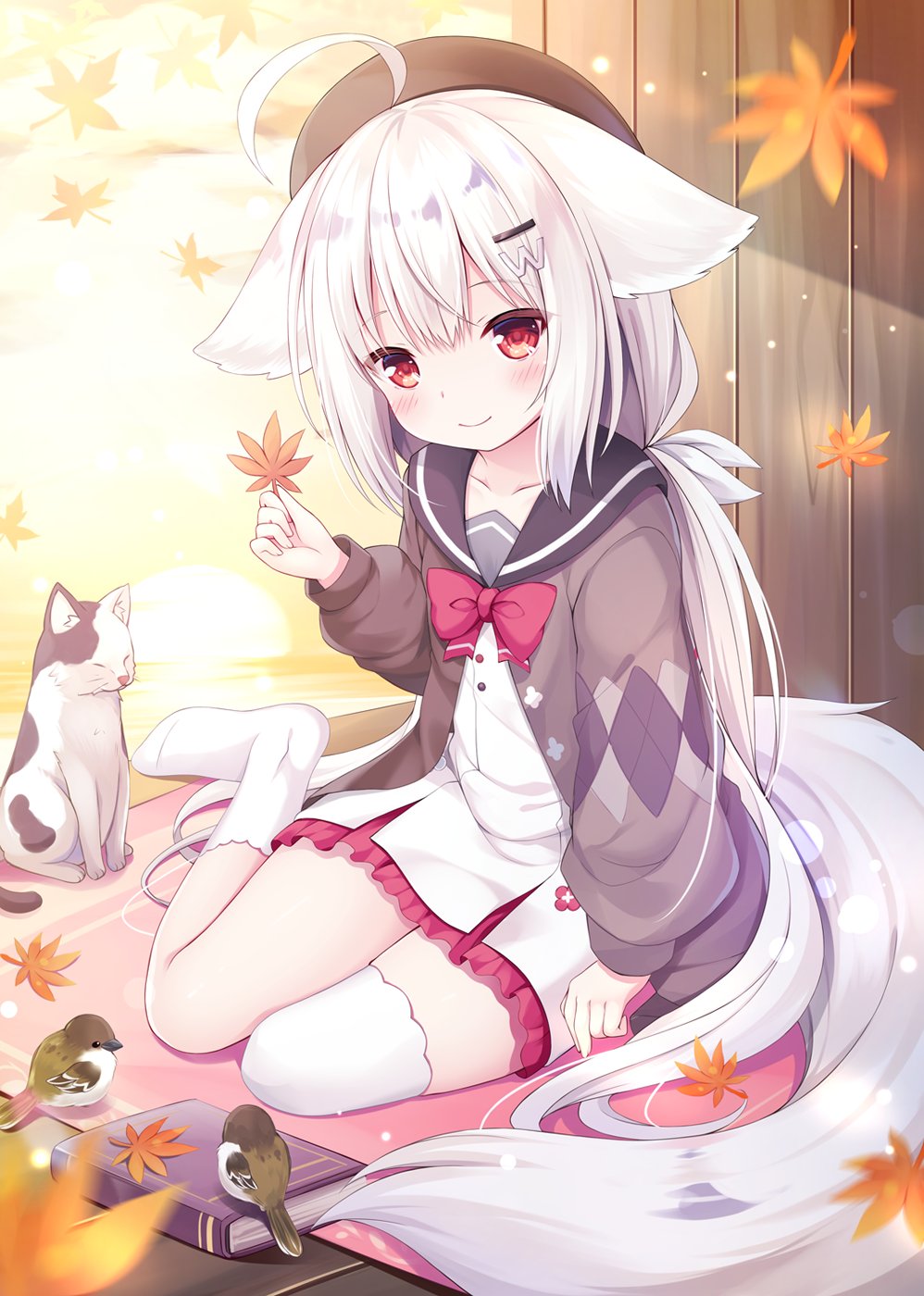 1girl, ahoge, animal, autumn_leaves, bangs, beret, bird, black_headwear